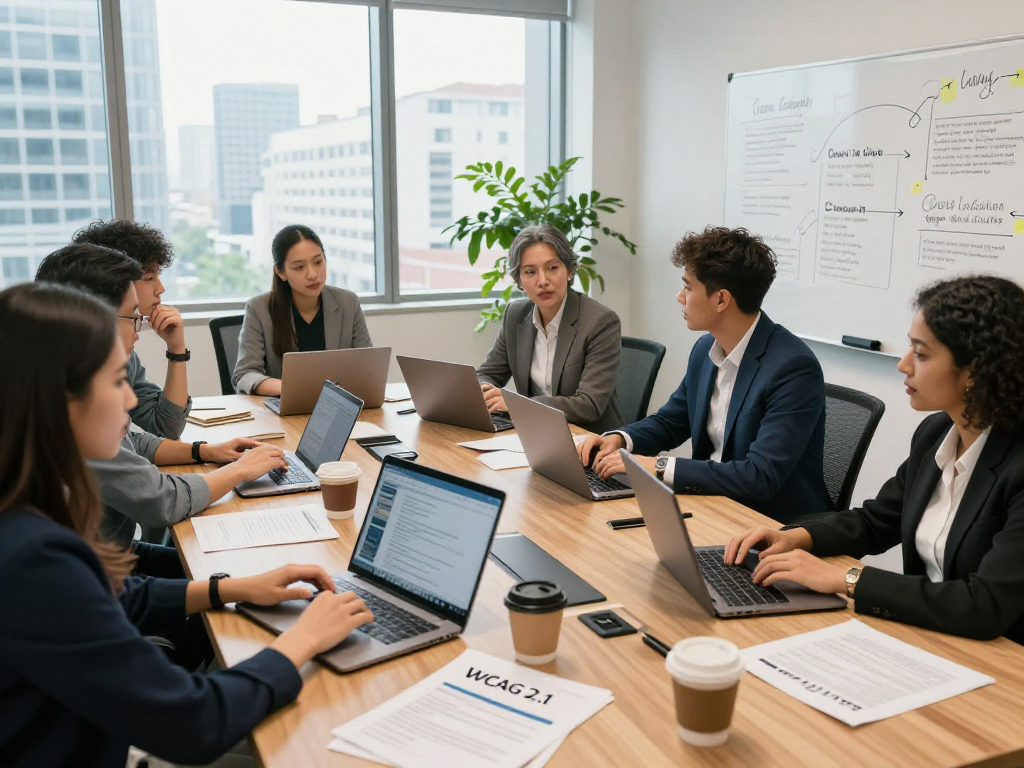Branchenlösungen – Übersicht, professional consulting team discussing digital accessibility solutions and compliance strategies in a modern office.