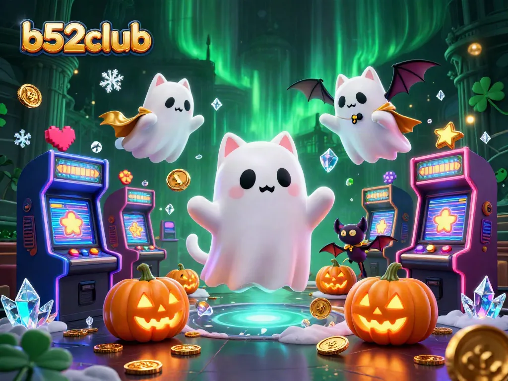Engage in fun gaming action at b52club with ghost cat and bat in a haunted casino atmosphere.