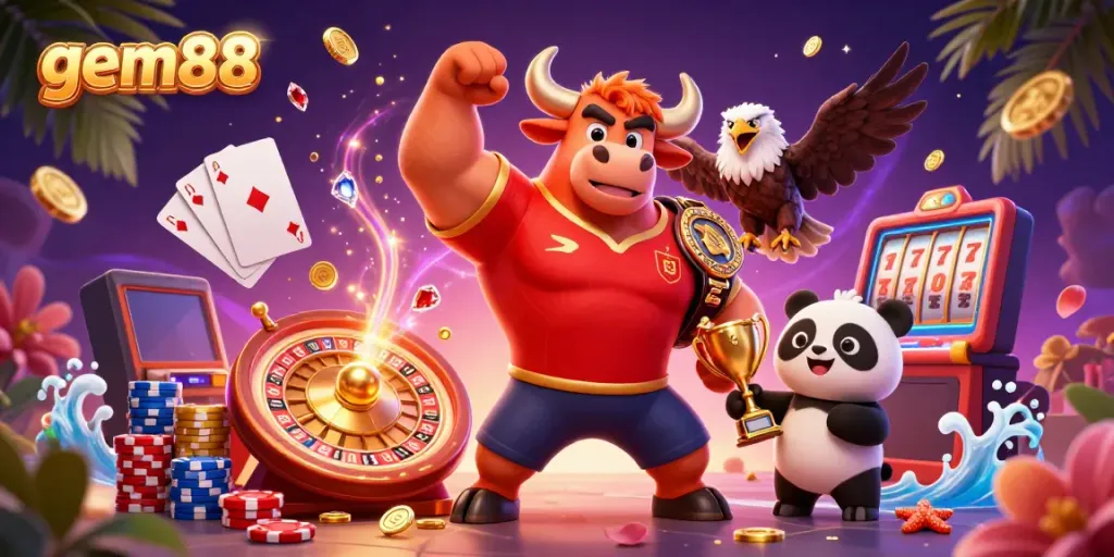 Experience the thrill of gem88 with a vibrant casino scene featuring dynamic characters and gaming elements.