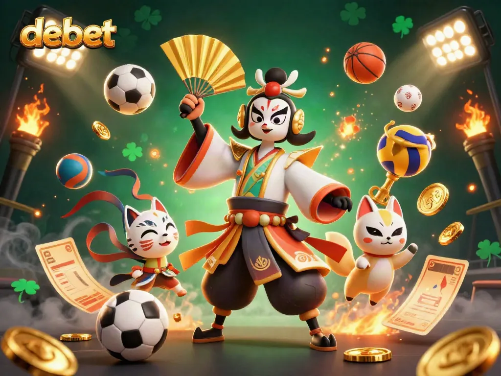 Bet on debet with dynamic sports elements and colorful traditional characters.