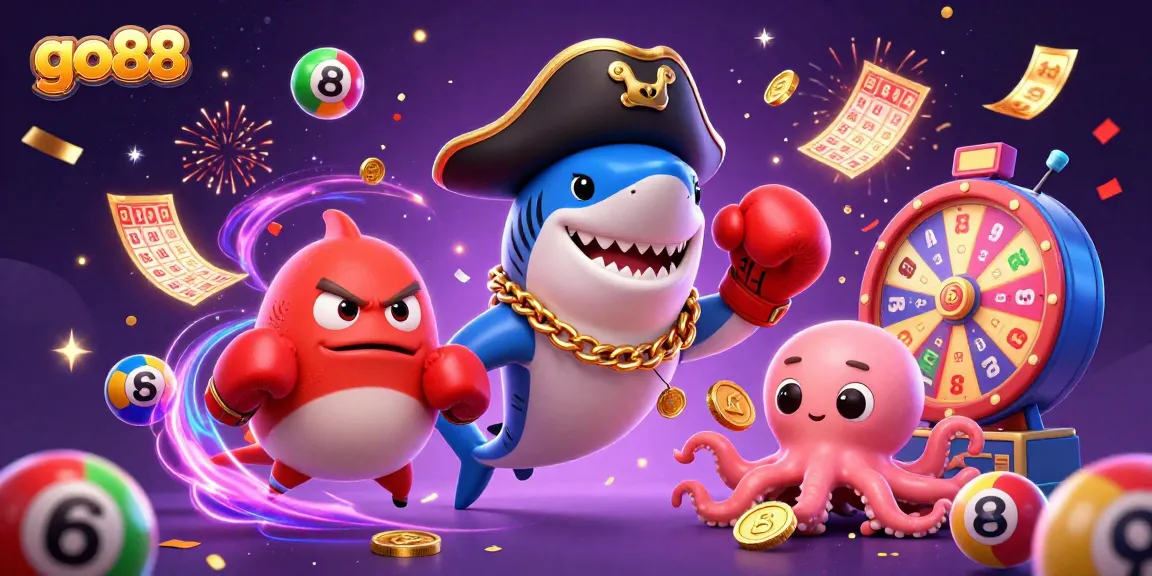 go88 showcases a thrilling casino adventure with vibrant characters and dynamic lottery elements.