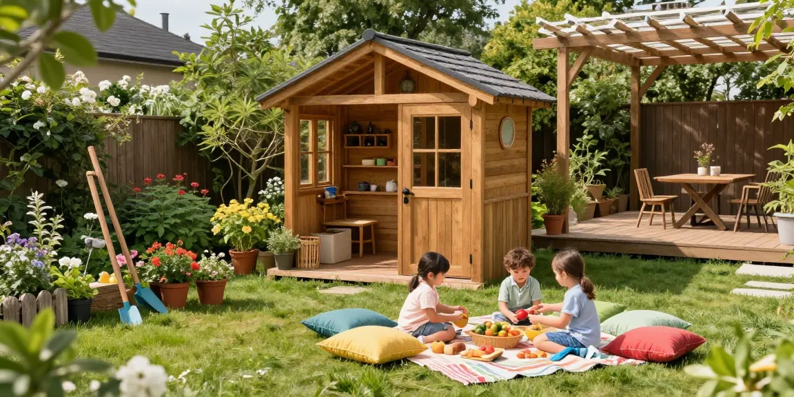 Familie genießt das Gartenhaus Holz mit Picknick im Garten, entspannte Atmosphäre.