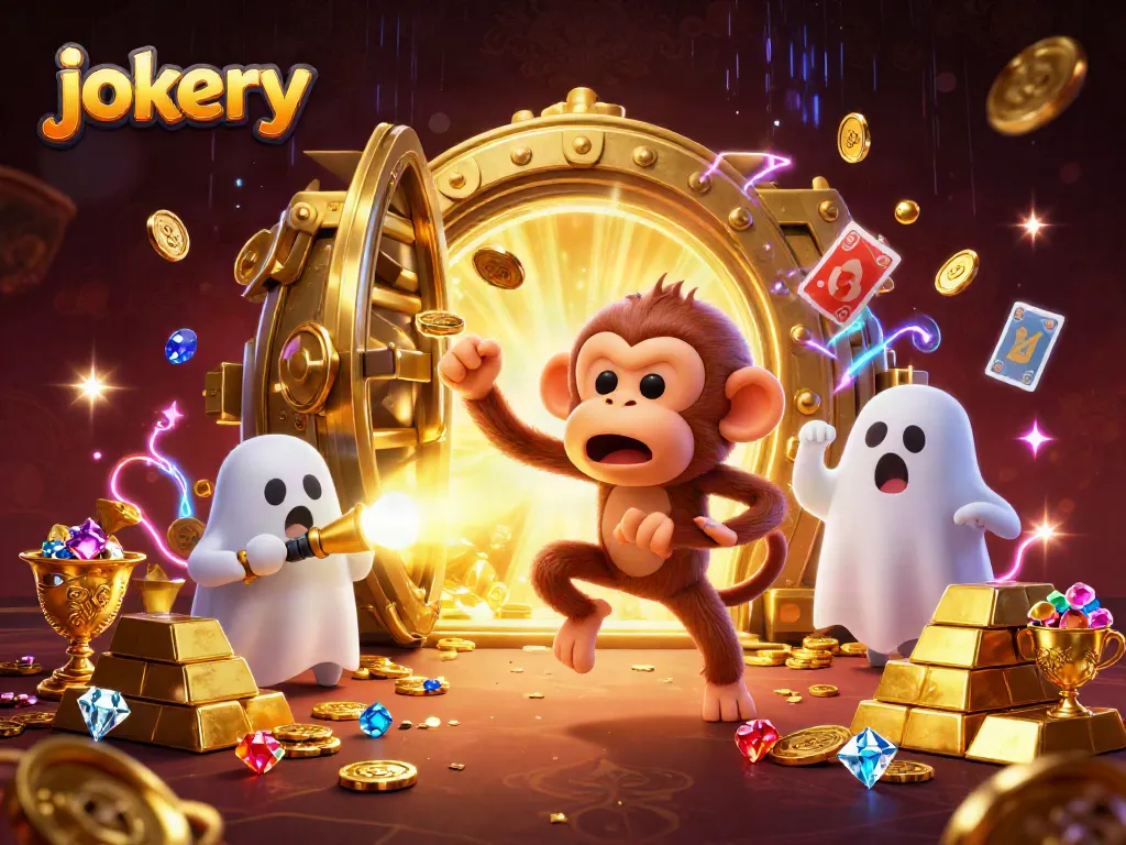 Engaging jokery-themed scene with a mischievous monkey and ghost-hunter puppy in a lively casino environment.