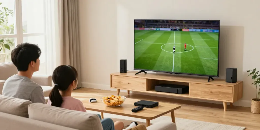 Family streaming IPTV deutsche Sender on a large screen in a cozy living room