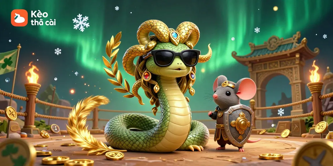 Kèo nhà cái presents a vibrant and dynamic scene with Medusa and a warrior mouse amid gold coins and betting tokens.