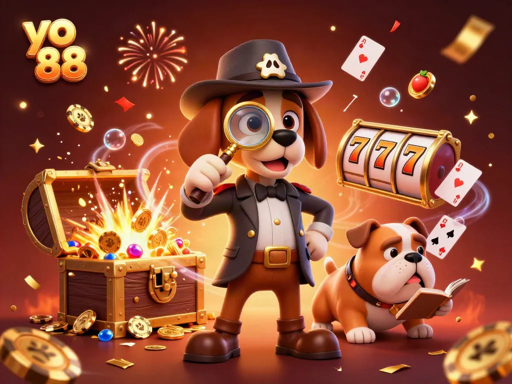 Engage with exciting games at yo 88, featuring a detective seeking poker chip clues amidst vibrant casino elements.