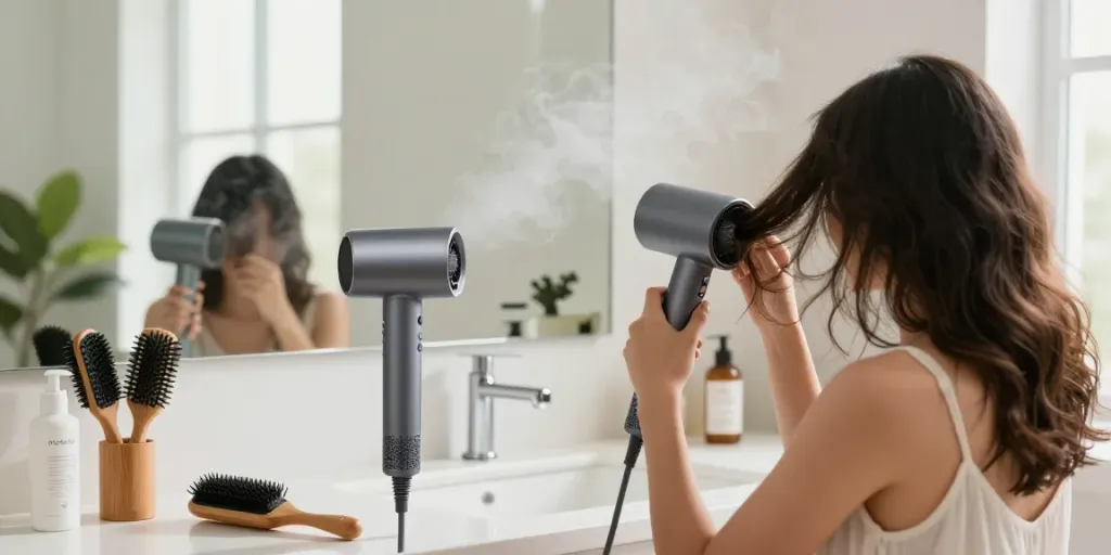 Test Haartrockner in einem modernen Badezimmer bei der Haarstyling-Routine.