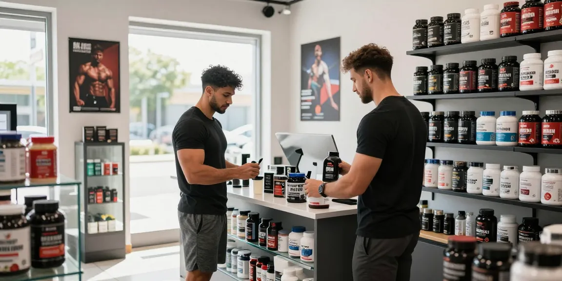 Ein sportlicher Kunde durchstöbert die hochwertigen Produkte im Akra Labs Steroid Shop und lässt sich beraten.