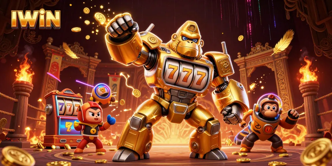 IWIN features dynamic 3D casino characters in an action-packed slot scene with golden gorilla mech and coins.