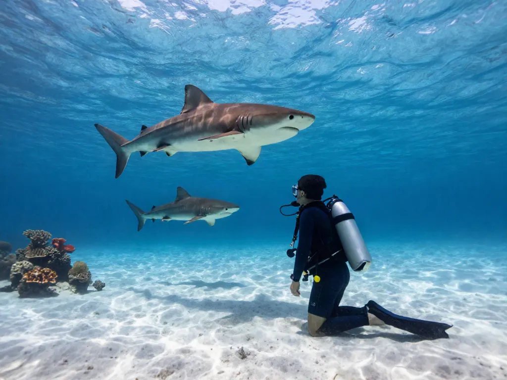 Ein Taucher beobachtet Bullenhaie in Playa del Carmen, während er am Sandboden kniet.