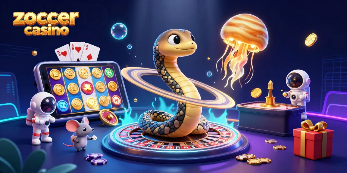 Zoccer casino players enjoying a cosmic betting scene with a Saturn ring snake and immersive games.