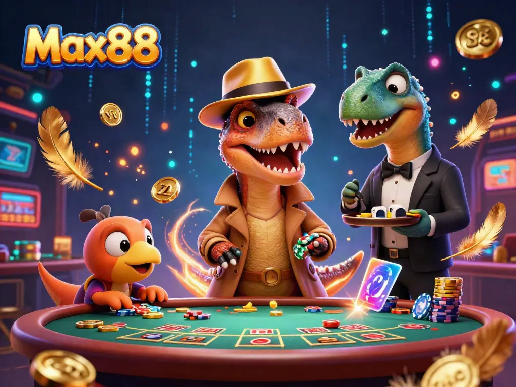 Max88 velociraptor card counter at a blackjack table, surrounded by casino elements and gold coins.