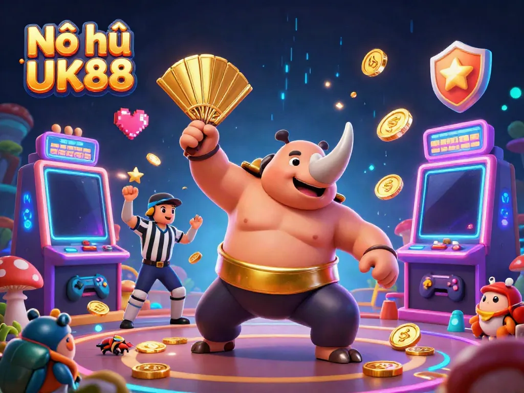 Watch the Nổ hũ UK88 champion beetle stomp and release golden coins in this fun casino scene.