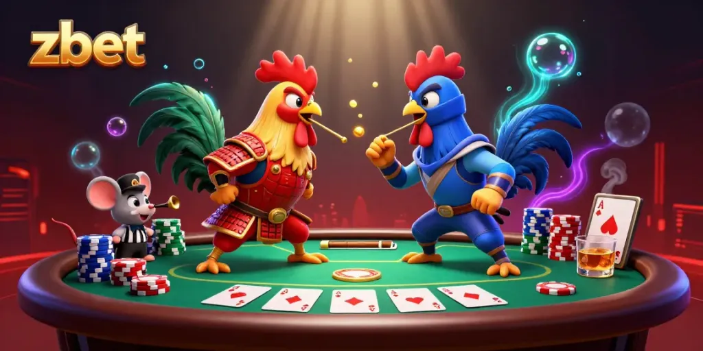 Engage with zbet through a captivating illustration of epic roosters in a dramatic standoff surrounded by poker elements.