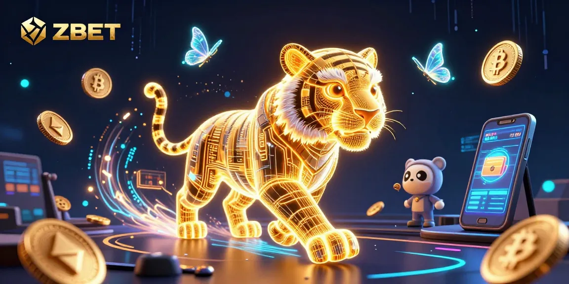 ZBET's vibrant 3D casino digital art showcasing a glowing tiger, crypto elements, and dynamic energy.