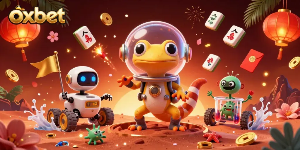Experience the excitement of oxbet with vibrant casino themes and cheerful alien characters celebrating wins.
