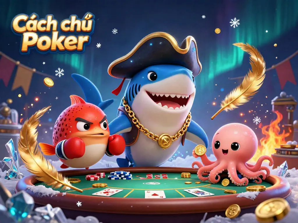 Engage in Cách chơi Poker with a dynamic scene featuring a pirate shark, pufferfish, and octopus celebrating at a poker table.