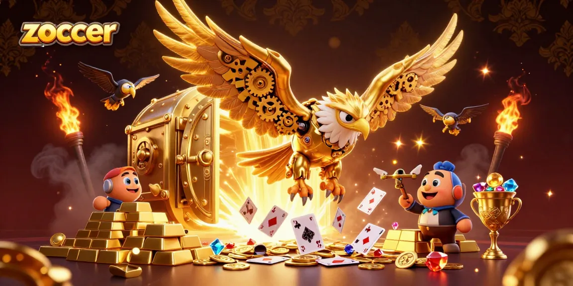 Zoccer: Experience thrilling casino action with a majestic golden eagle amidst dazzling treasures.
