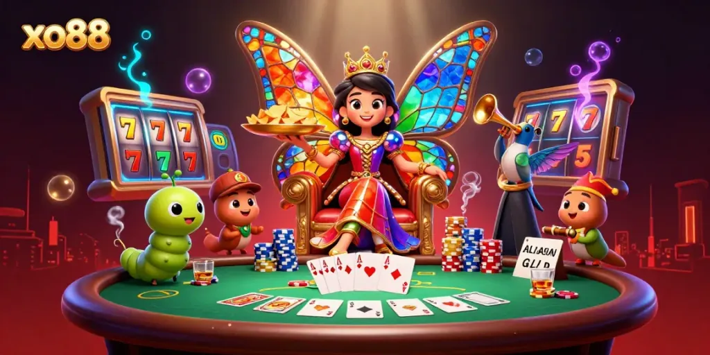 Experience the vibrant world of xo88 with a 3D butterfly queen and lively poker scene filled with dazzling games.