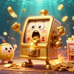 Experience excitement at llwin casino as a golden slot machine hits a jackpot, surrounded by cheering characters.