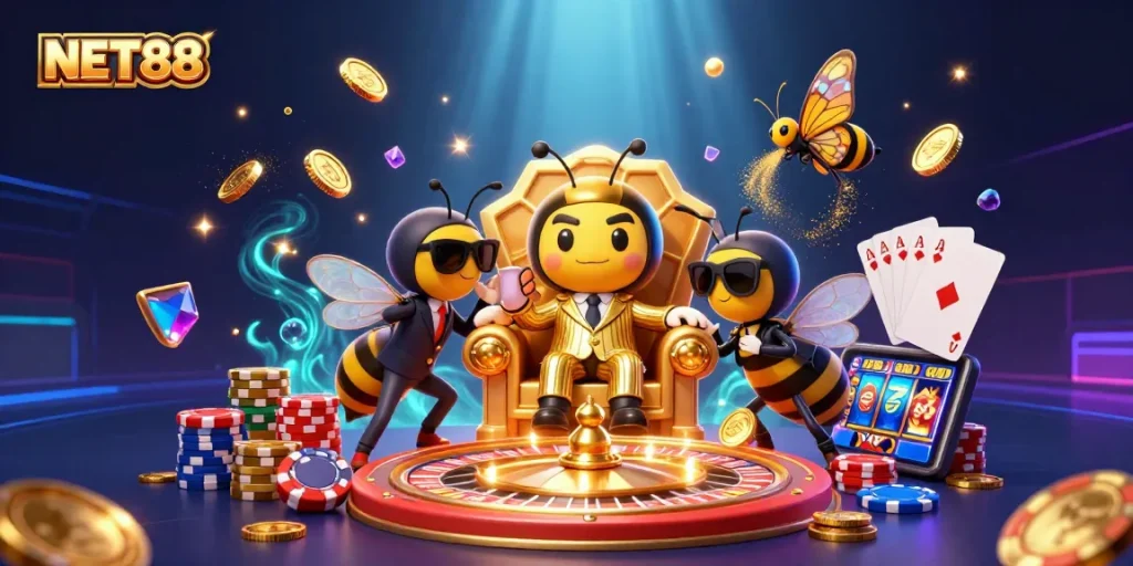 Experience the thrill of NET88 with a bumblebee mob boss and dazzling casino elements in a vibrant 3D scene