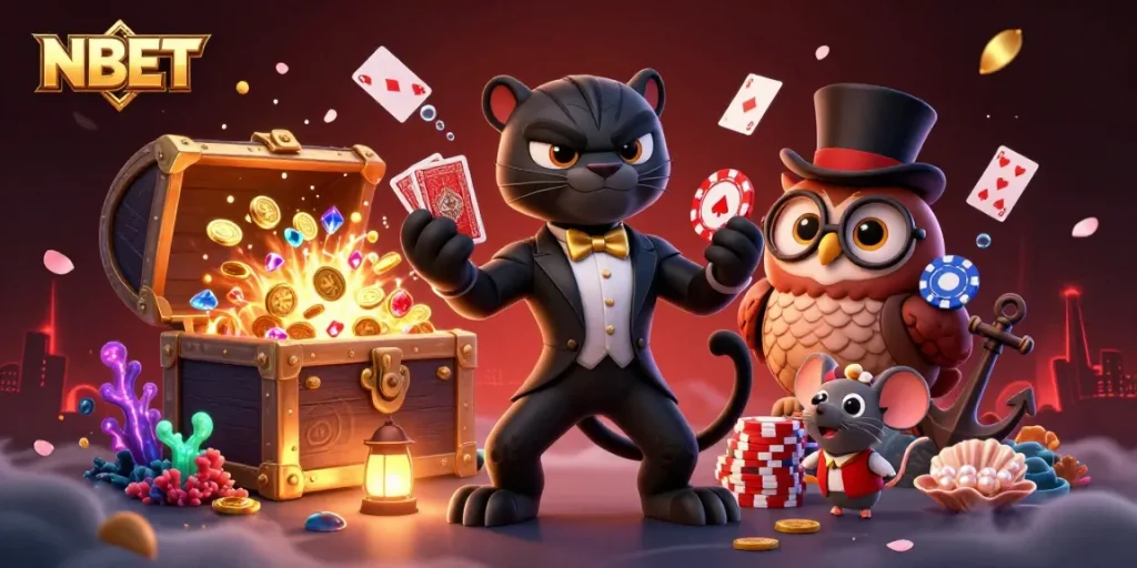 Engaging 3D scene showcasing NBET with a panther dealer, owl, and lucky mouse amidst colorful casino elements.