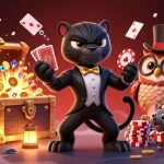 Engaging 3D scene showcasing NBET with a panther dealer, owl, and lucky mouse amidst colorful casino elements.