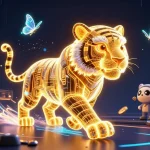 ZBET's vibrant 3D casino digital art showcasing a glowing tiger, crypto elements, and dynamic energy.