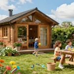 Ein gemütliches Garten Haus im Grünen, umgeben von blühenden Pflanzen und einer entspannten Familie.