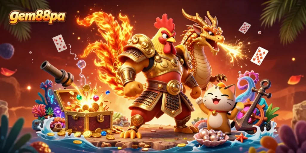 Win big with gem88pa featuring a samurai rooster warrior and dragon in an exciting casino adventure.