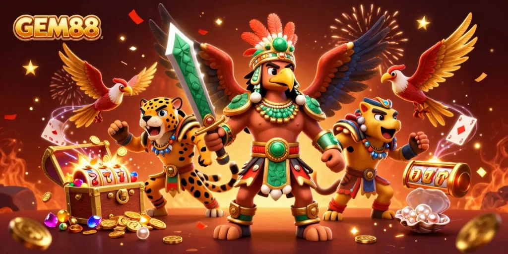 Experience thrilling wins at GEM88 with vibrant slot games featuring dynamic Aztec warriors and treasure.