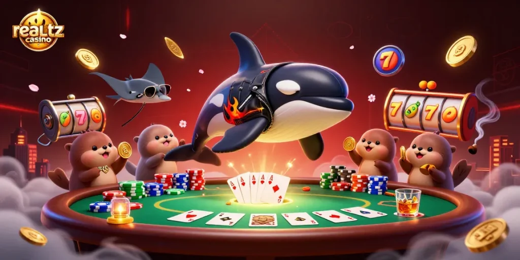 Spielen Sie im realzcasino mit einem 3D-Orca in Lederjacke und Ottern, während sie Goldmünzen sammeln.