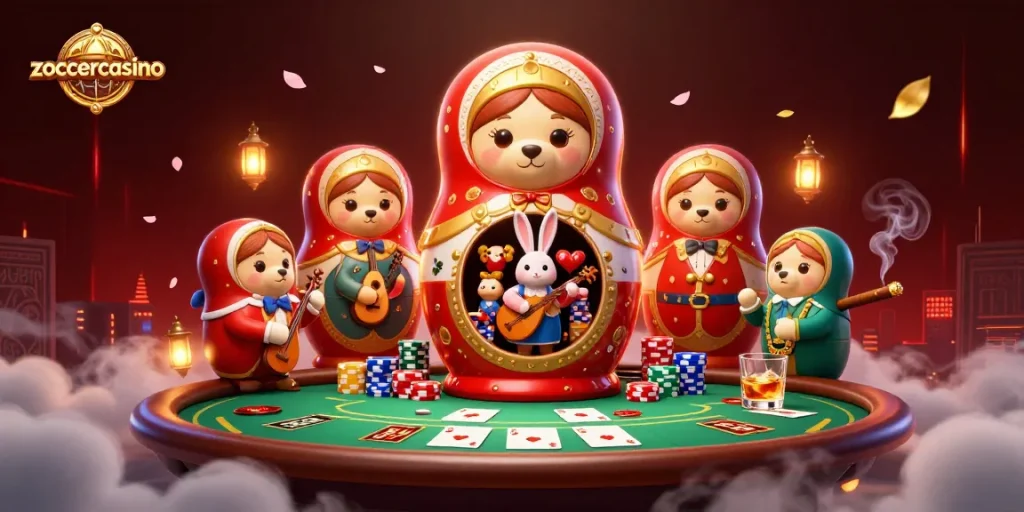 Im ZoccerCasino begeistert eine Matryoshka-Bärengestalt, die andere Bären in Dealer-Outfits enthüllt, umgeben von Casino-Atmosphäre.