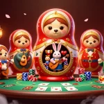 Im ZoccerCasino begeistert eine Matryoshka-Bärengestalt, die andere Bären in Dealer-Outfits enthüllt, umgeben von Casino-Atmosphäre.