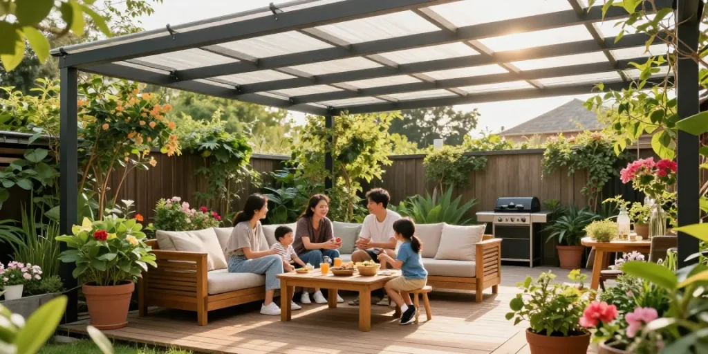 Familie unter einer freistehenden Terrassenüberdachung im Garten, entspannt und grillend.