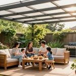 Familie unter einer freistehenden Terrassenüberdachung im Garten, entspannt und grillend.