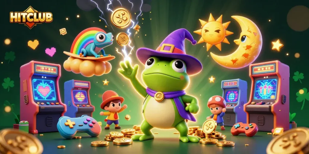 Engage with the adventure of HITCLUB, a lively 3D cartoon scene featuring a magical frog and chameleon amidst a gold coin storm.
