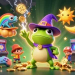 Engage with the adventure of HITCLUB, a lively 3D cartoon scene featuring a magical frog and chameleon amidst a gold coin storm.