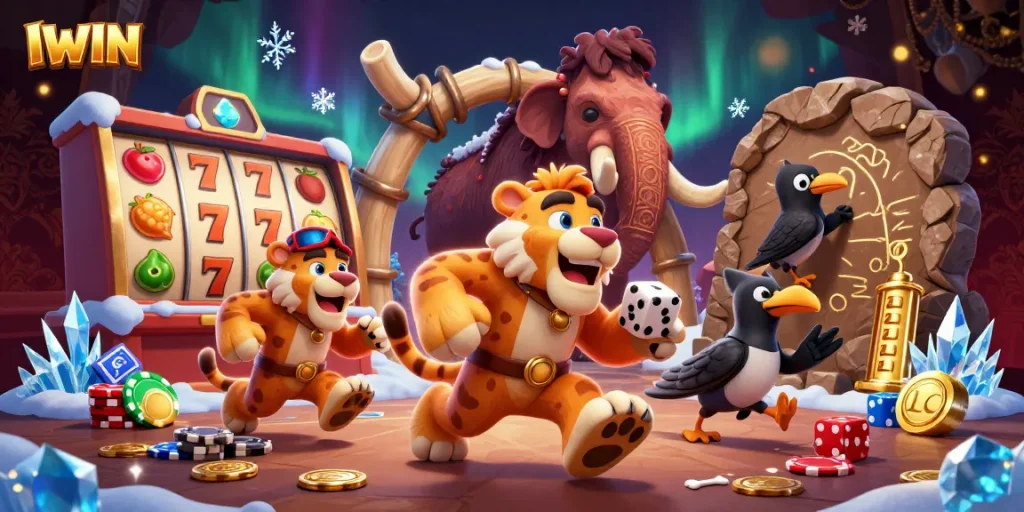 IWIN launches thrilling slots action with stone poker chips and fruit symbols in an engaging casino scene