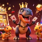 Engage with keo nha cai as a T-Rex shuffles cards, a pterodactyl assists, and a baby triceratops stacks chips amidst a casino explosion of coins and symbols.