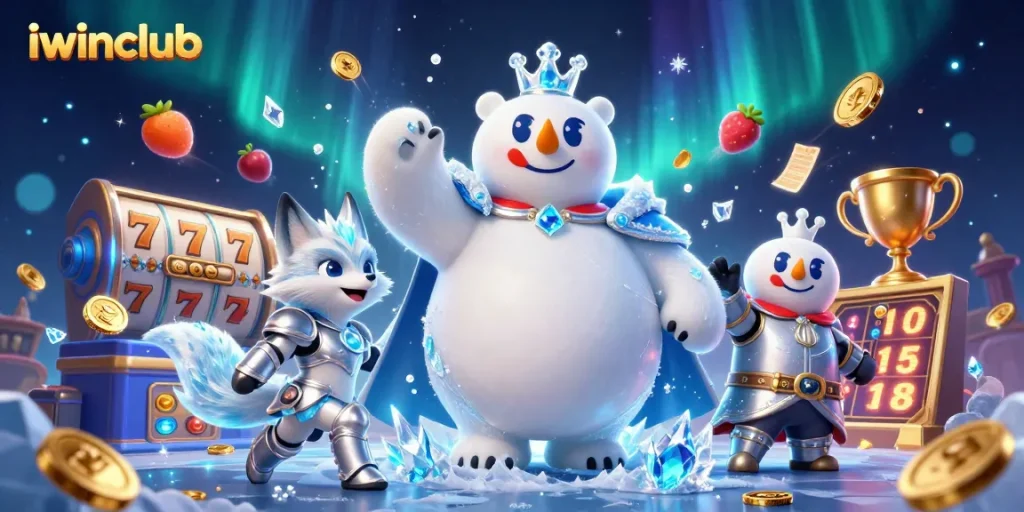 Win big with iwinclub's thrilling 3D cartoon illustration featuring dynamic casino elements.