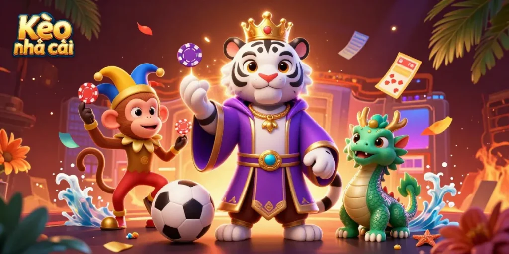 Kèo nhà cái shows an elegant white tiger, a golden monkey juggling chips, and a jade dragon in a vibrant sports betting setting.