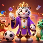 Kèo nhà cái shows an elegant white tiger, a golden monkey juggling chips, and a jade dragon in a vibrant sports betting setting.
