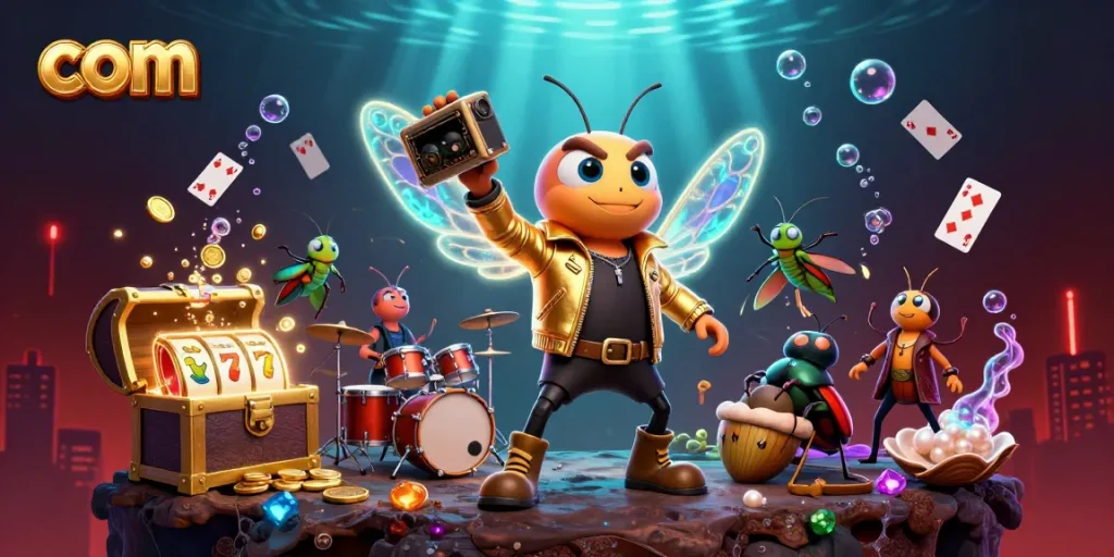Engage with thrilling casino action at com featuring a rock star cicada in a vibrant 3D scene.