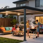 Moderne Carport mit Familie im Garten bei Grillfest.