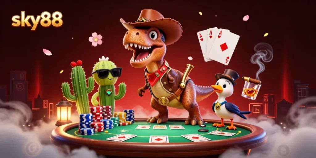 Engage in thrilling poker action at sky88 with dynamic characters and vibrant casino elements.