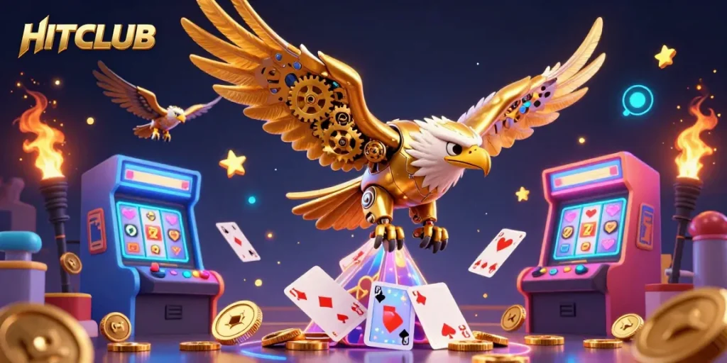 Engage with HITCLUB's electrifying casino scene featuring a golden eagle and vibrant gaming elements.