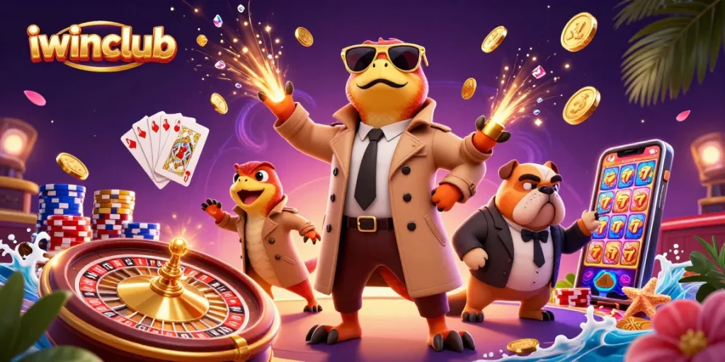 Experience iwinclub magic with playful raptors in a casino scene filled with winnings and energy.