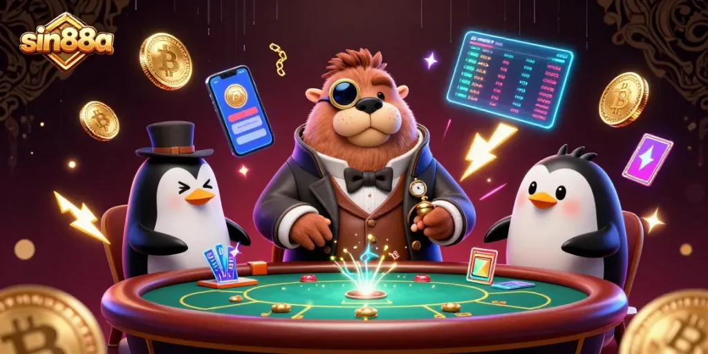 sin88a showcases a vibrant underwater casino scene where a walrus plays poker, surrounded by crypto elements.