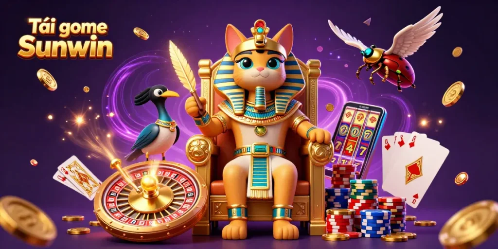 Play Tải game Sunwin with a vibrant casino scene featuring a pharaoh cat and sparkling winnings.